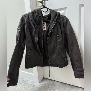 Dark Brown Faux Leather Hooded Jacket